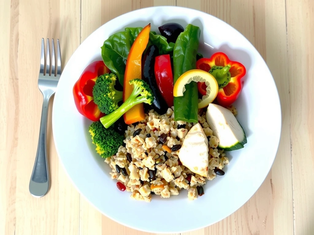Assiette équilibrée avec légumes frais, protéines et céréales complètes