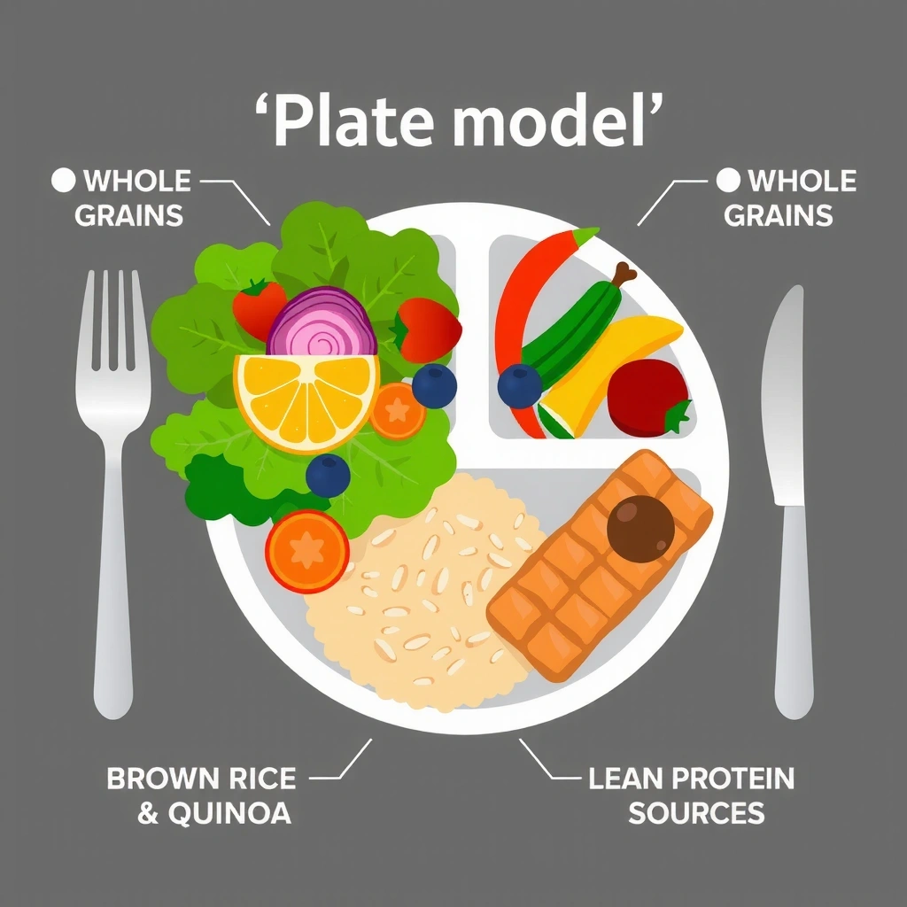 Tableau visuel de l'assiette équilibrée avec des sections pour les légumes, les protéines, et les céréales