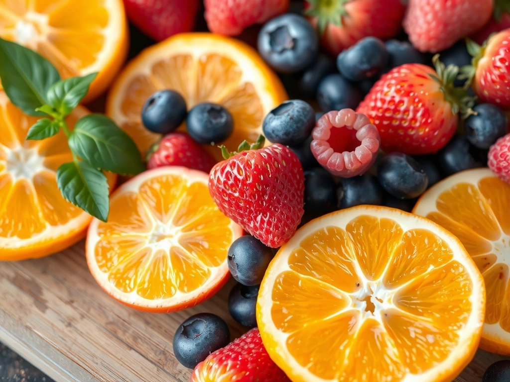 Gros plan d'oranges juteuses et de baies fraîches et colorées, sur un fond naturel évoquant la vitalité.